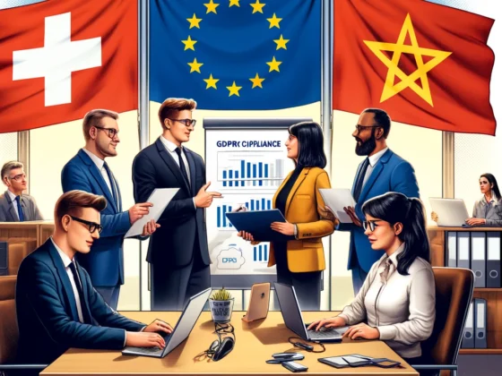 Scène de bureau où des consultants d'OPTIMEX DATA interagissent avec des représentants d'entreprises suisses et marocaines, travaillant sur des documents et montrant des graphiques de conformité RGPD, avec les drapeaux de la Suisse, du Maroc et de l'Union Européenne en arrière-plan.