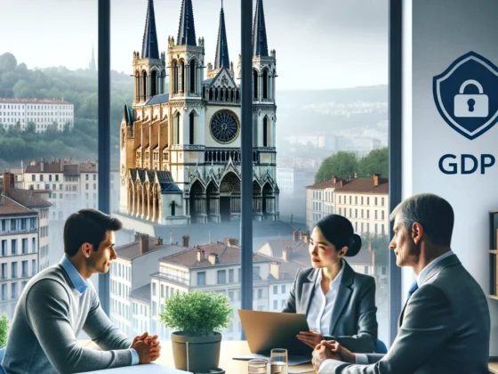 Consultation RGPD à Lyon avec Optimex Data montrant un consultant discutant de la conformité avec des clients et la Basilique Notre-Dame de Fourvière en arrière-plan.