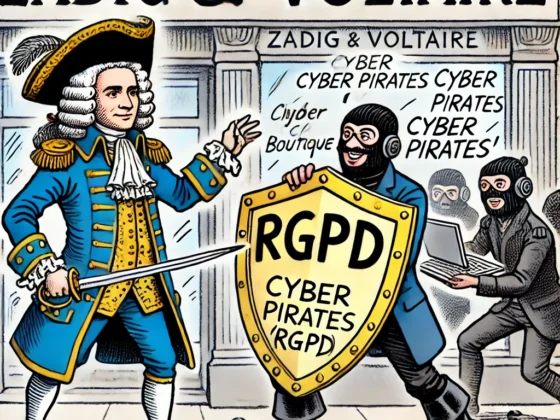 Voltaire en tenue du XVIIIe siècle, tenant un bouclier marqué "RGPD", défend une boutique Zadig & Voltaire contre des pirates informatiques modernes.