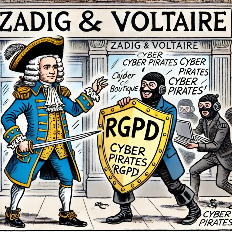 Voltaire en tenue du XVIIIe siècle, tenant un bouclier marqué "RGPD", défend une boutique Zadig & Voltaire contre des pirates informatiques modernes.