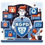 Illustration de presse représentant une personne tenant un bouclier avec les lettres "RGPD" devant un ordinateur, protégeant contre des symboles représentant les données, la vie privée et les menaces cybernétiques.
