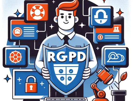 Illustration de presse représentant une personne tenant un bouclier avec les lettres "RGPD" devant un ordinateur, protégeant contre des symboles représentant les données, la vie privée et les menaces cybernétiques.