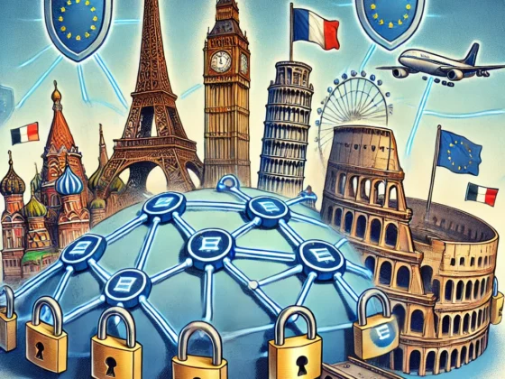 Dessin de presse illustrant la cybersécurité renforcée en Europe avec des symboles de sécurité et des monuments européens comme la Tour Eiffel, Big Ben, et le Colisée.