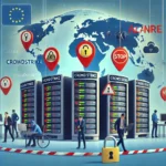 Illustration de la panne mondiale de CrowdStrike montrant des serveurs en panne avec des alertes de sécurité et des cadenas représentant la protection des données personnelles, avec une carte de l'Europe en arrière-plan