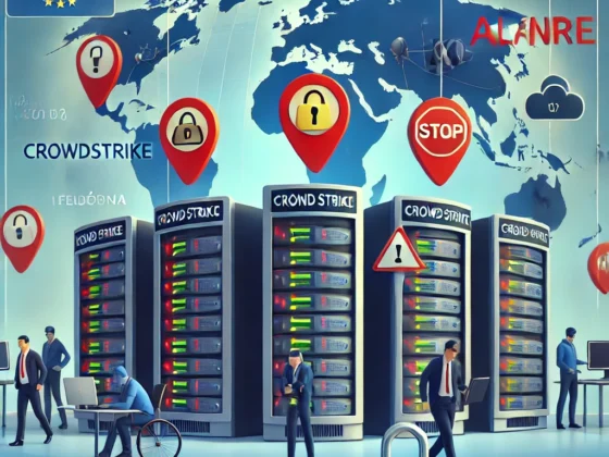 Illustration de la panne mondiale de CrowdStrike montrant des serveurs en panne avec des alertes de sécurité et des cadenas représentant la protection des données personnelles, avec une carte de l'Europe en arrière-plan