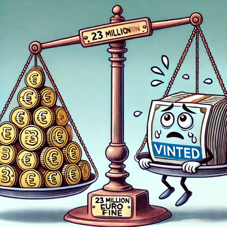 Dessin de presse montrant une balance avec une pile de pièces représentant une amende de 23 millions d'euros et un logo Vinted inquiet, illustrant la sanction de la CNIL.