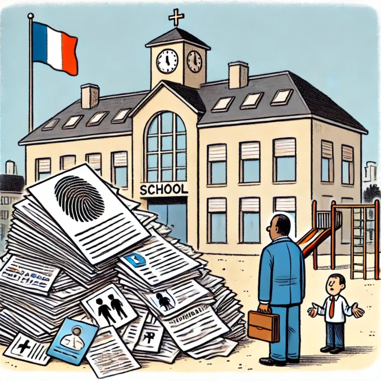 Dessin de presse montrant l'extérieur d'une école avec un enseignant submergé par des documents de données personnelles.